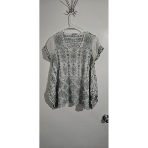 Johnny Was  Embroidered Tunic Top Small Boho green Gray Lagenlook Preppy